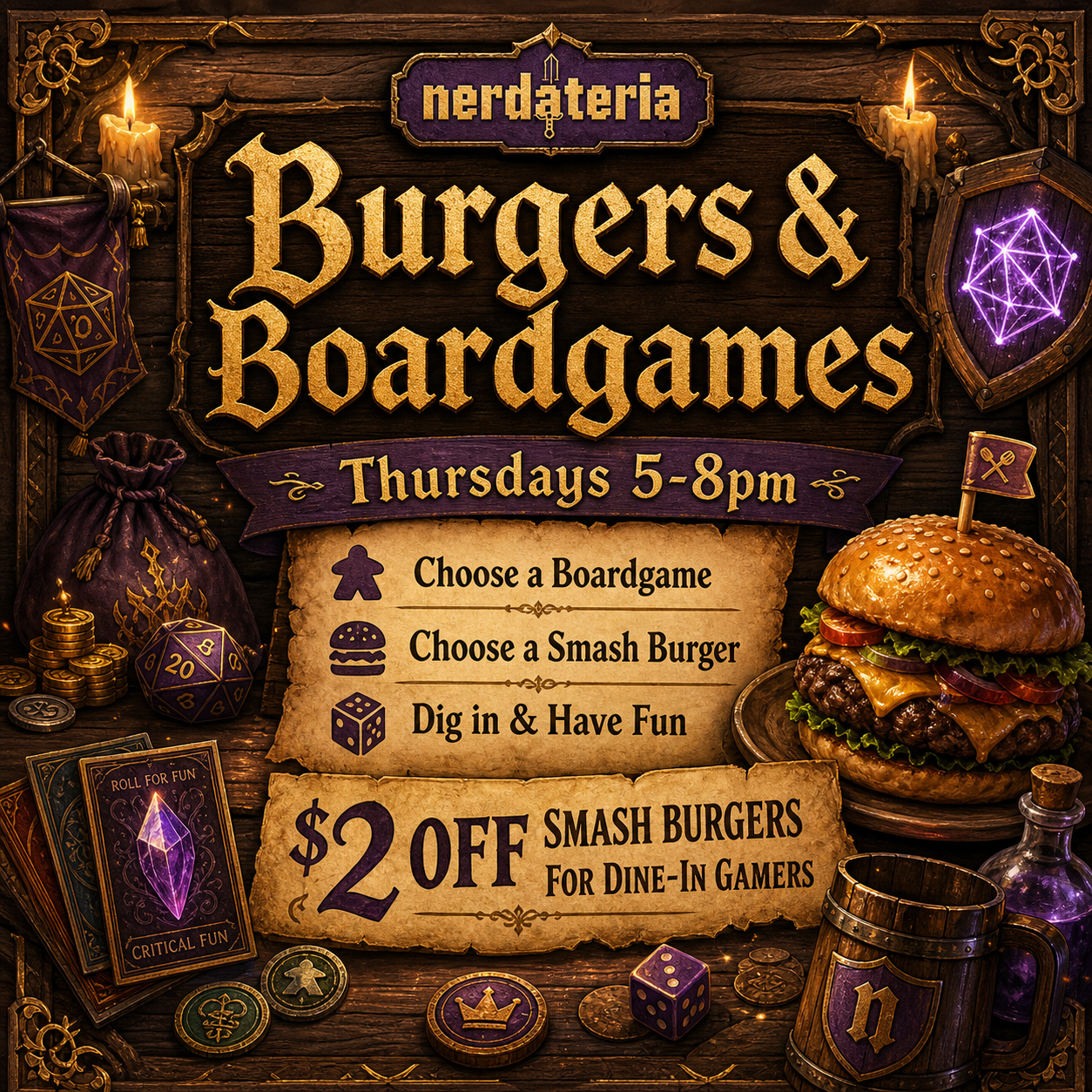 Burgers and Boardgames — Thursday 5-8pm at Nerdateria