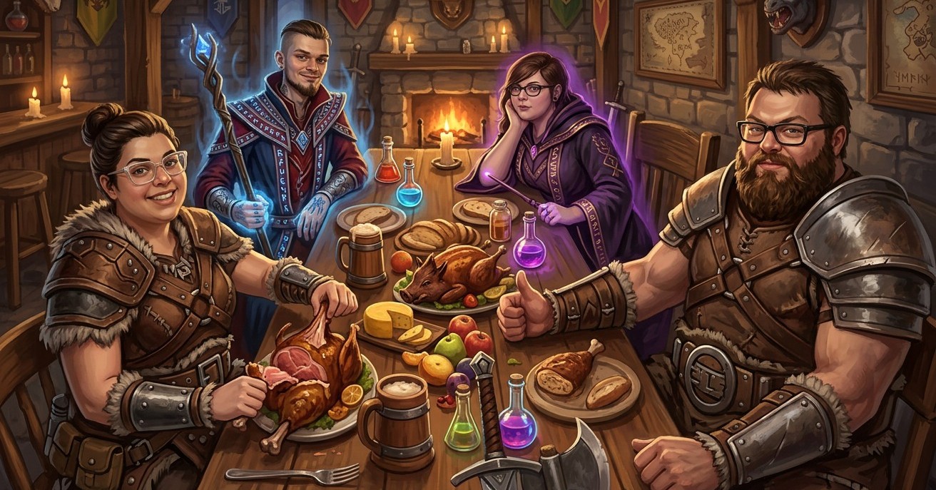 Guild adventurers at the feast table